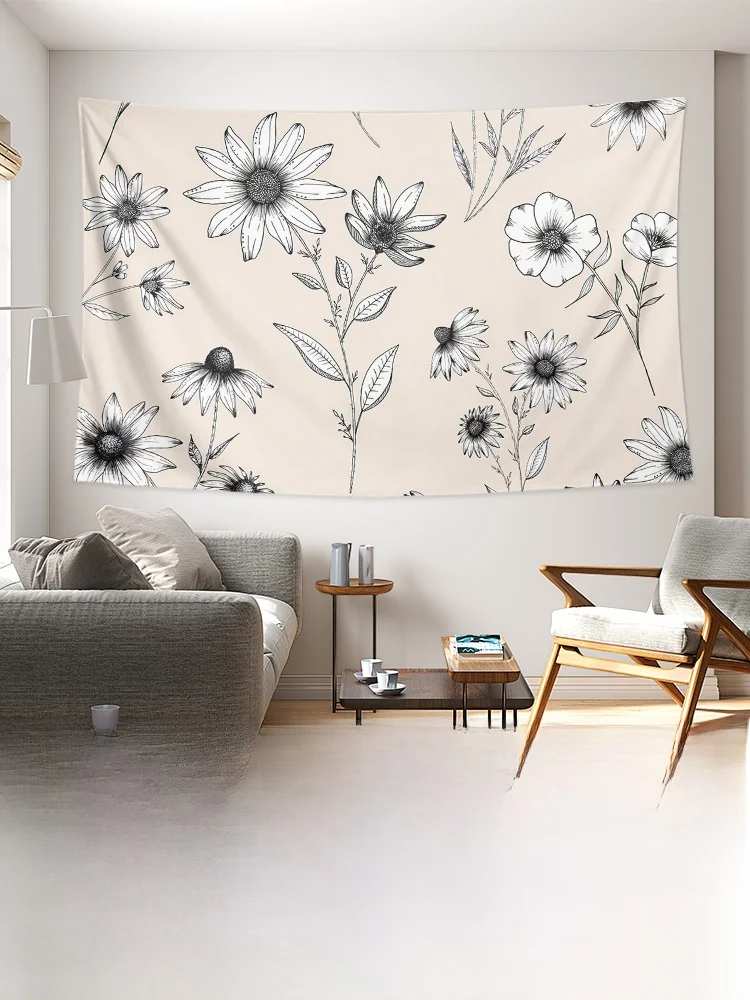 シンプルな手描きの菊花柄壁掛けタペストリー：秋のインテリアに最適なビンテージ風デザイン