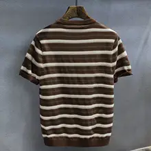 レトロストライプデザインのニットTシャツ【フィット感あるラウンドネック・メンズ・半袖】
