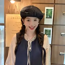 甘美なデザインの二重リボンデニムベレー帽【女性用・小顔効果・画家帽】