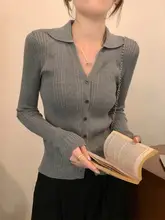 ポロ襟デザインのフィットニットカーディガン【長袖・Vネック・春秋用・女性用】