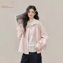 花柄レース襟のピンクジャケット【春用・女性・ゆったりフィット】