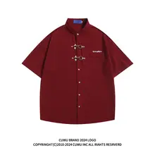 インターネット風のビンテージワッフルシャツ【金属ボタン・赤・夏用・半袖】