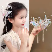 蝶の流れるヘアアクセサリー【子供用・古風デザイン・クリスタル飾り】
