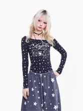 星柄プリント レディース長袖Tシャツ【スリムフィット・斜めネック・オフショルダー】
