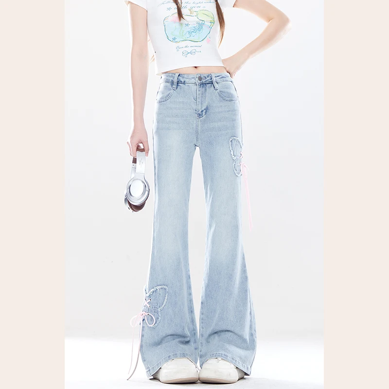 デニムパンツ【蝶のアップリケ・春秋用・スリムフィット・小柄向け】