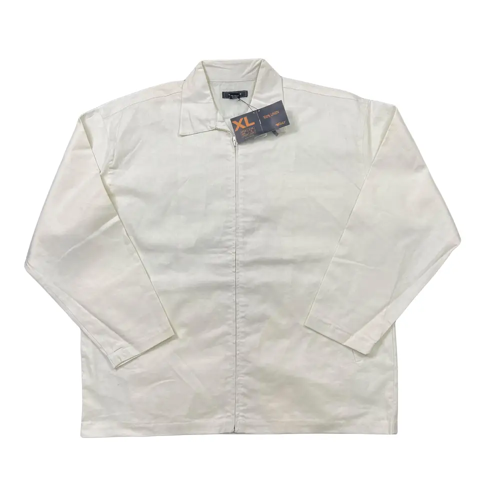 リネン素材のアメリカンクラシック風ビンテージ大きいサイズのラフなジップアップジャケット【春秋用・薄手・翻領デザイン】