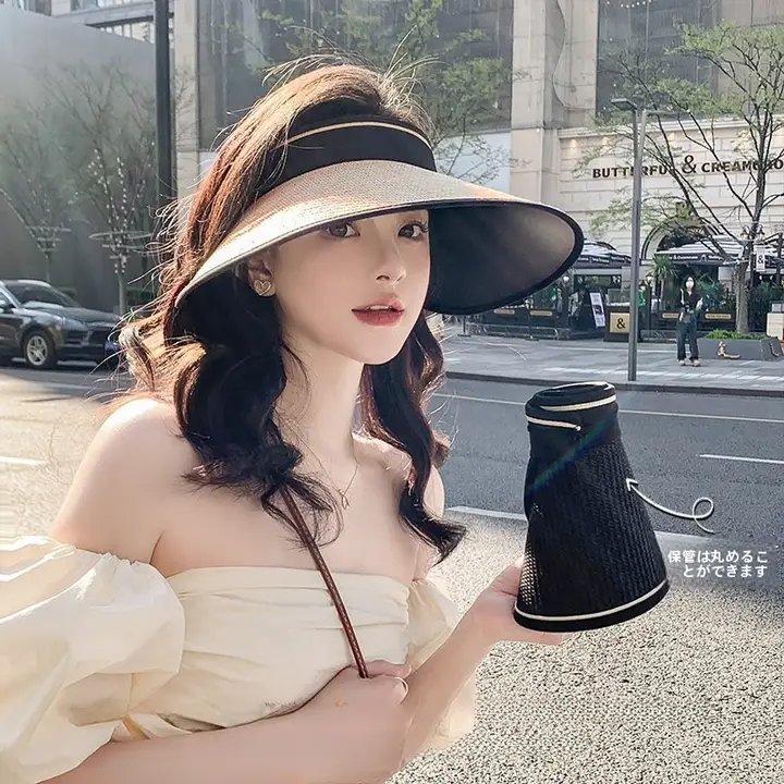 日除けの広いつば付き折りたたみ草帽子【UVカット・通気性・女性用】