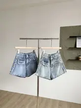 おしゃれなシンプルデザインの高腰デニムショートパンツ【夏用・韓国風・ゆったりワイド】（セットアップ対応）