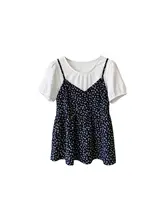 大きいサイズ 韓国風 フェイクツーピース花柄短袖トップス【夏用・極上の柔らかさ】（セットアップ対応）