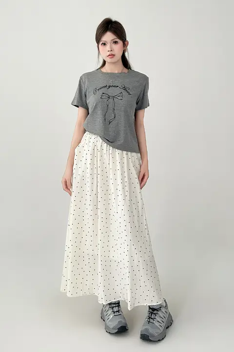 ポルカドットのロングスカート【春夏用・体型カバー・ミディアムウエスト・レディース】（セットアップ対応）