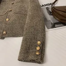 カーキ色Vネックチェック柄ジャケット【短丈・フレンチスタイル】