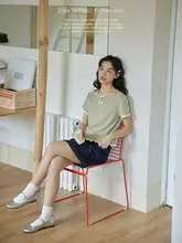 バタフライリボン付き カラーブロックデザインのラウンドネックTシャツ【木の葉型フリル・短袖】