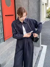 深い青色のカジュアルジャケット【レディース・軽やかなルーズフィット・秋春用・ワイドパンツ・スタイリッシュ】（セットアップ対応）