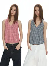 チェック柄ネックタイ付きVネックタンクトップ【女性用・背中開き・甘辛スタイル】（セットアップ対応）