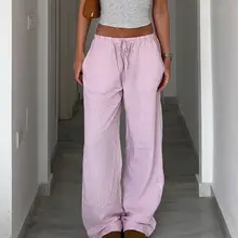 シンプルなデザインのピンクストライプ系帶カジュアルパンツ【・ロング丈】