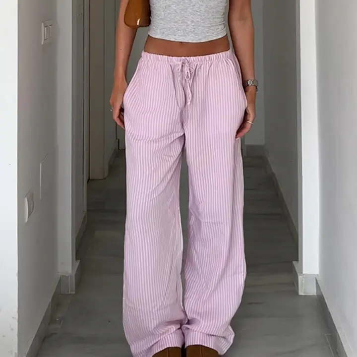 シンプルなデザインのピンクストライプ系帶カジュアルパンツ【・ロング丈】