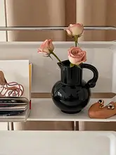 フランス風 ハンドル付き陶器花瓶【ミルクポット形状・インテリア装飾用】
