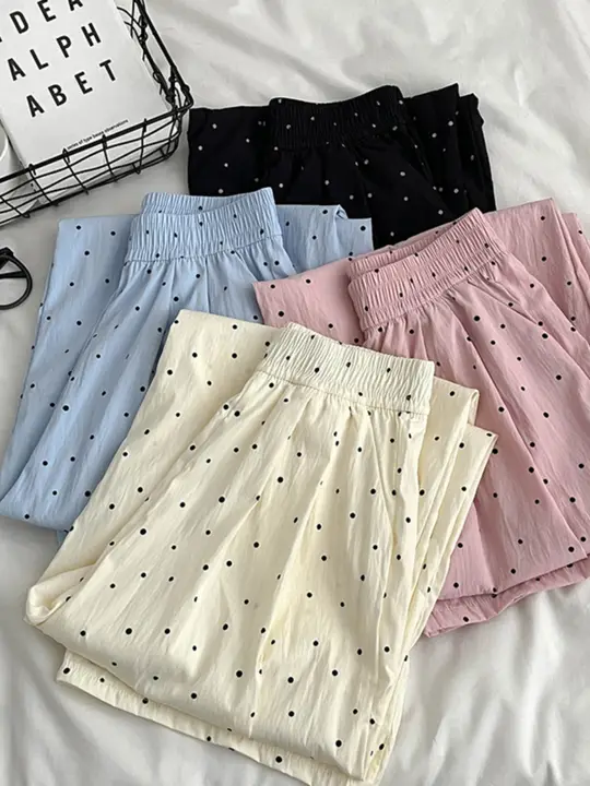 おしゃれな無地ドット柄フラワープリントウエストゴムカジュアルパンツ【夏用・ワイドレッグ・韓国風】（セットアップ対応）