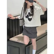 韓国風 カラーブロックデザイン 女の子用 半袖Tシャツ【夏用・カジュアル・短め】（セットアップ対応）