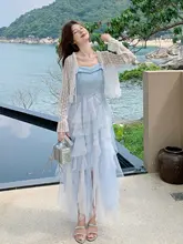 エレガントな不規則デザインのメッシュキャミワンピース【レースカーディガン付き・夏用・女性用】（セットアップ対応）
