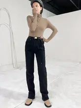 高腰ストレートデニムパンツ【ブラック・ロングレッグ・スリムフィット・春秋用】