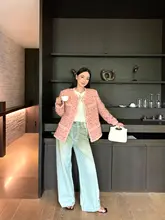 周淼 ザホウ 水洗い加工のクラシックデザイン ワイドレッグデニムパンツ【フラワープリント・フィット】