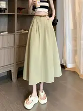 カキ色プリーツハイウエストミモレ丈スカート【女性用・ Aライン・大きなフレア】