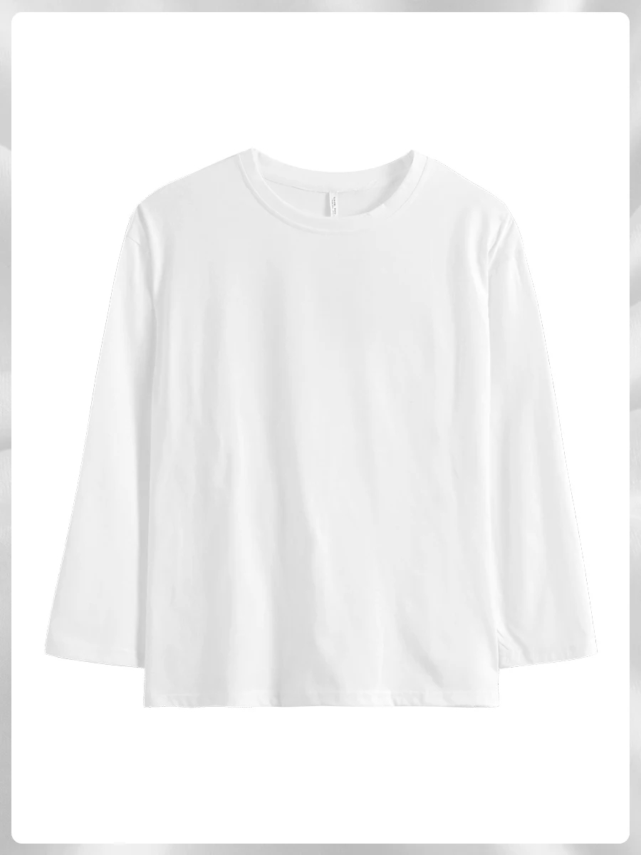 快適な着心地！長袖女性用純綿Tシャツ【白・春秋用・クルーネック・ルーズフィット・外出可能】
