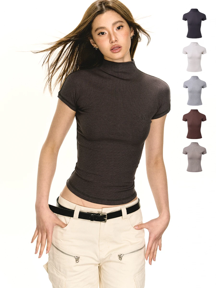 アメリカンヴィンテージ風 ハイネックフィットTシャツ【短袖・女性用・優れたシルエット】 春コーデ レディース おすすめアイテム