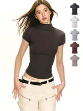 アメリカンヴィンテージ風 ハイネックフィットTシャツ【短袖・女性用・優れたシルエット】