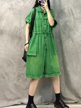 レディースヴィンテージ風デニムオーバーオール【カジュアルストレート・ウエストシェイプ・ショートパンツ】（セットアップ対応）