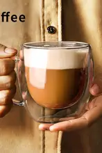 耐熱二重構造 ガラス製コーヒーカップ【取っ手付き・シンプルデザイン・ラテ・ミルク用】