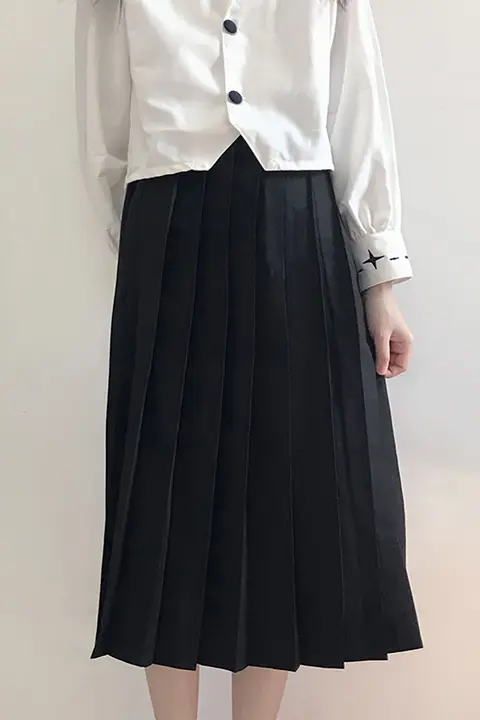 百褶スカート【黒・中長丈・学生用・学院風】