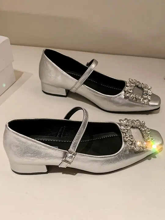 メアリージェーン パンプス レディース シルバー ラインストーン スクエアバックル ツイード風 きれいめ 上品 ドレスアップ