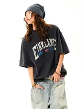 美式ウォッシュ加工文字プリント半袖Tシャツ【レトロ・夏用・ゆったりシルエット】