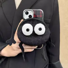 黒い煤球デザインの背面クリップ式小銭入れ【苹果16・iPhone15pro用・赤黒チェック柄・かわいい】