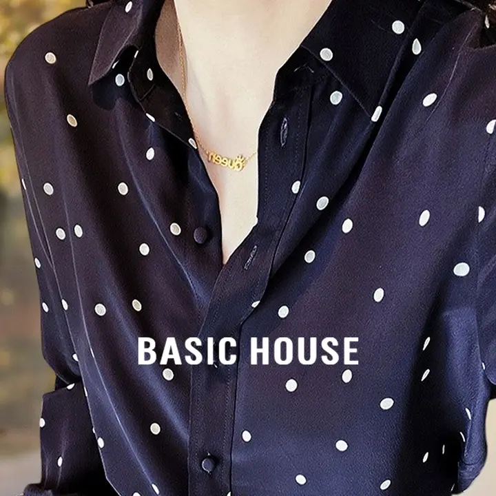 シャツ レディース 長袖 サテン 水玉柄 ネイビー 重ね着 夏 「Basic House」