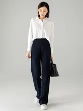 羊毛製のストレートパンツ【秋用・ダークブルー・通勤・スリムデザイン】