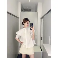 フレンチスタイル立ち襟パフスリーブブラウス【極上の柔らかさ・短袖・シルエット効果】