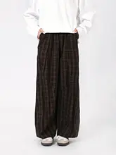 春夏用ビンテージ風カフェ色チェックストレートパンツ【男・したスタイル・ゆったり】