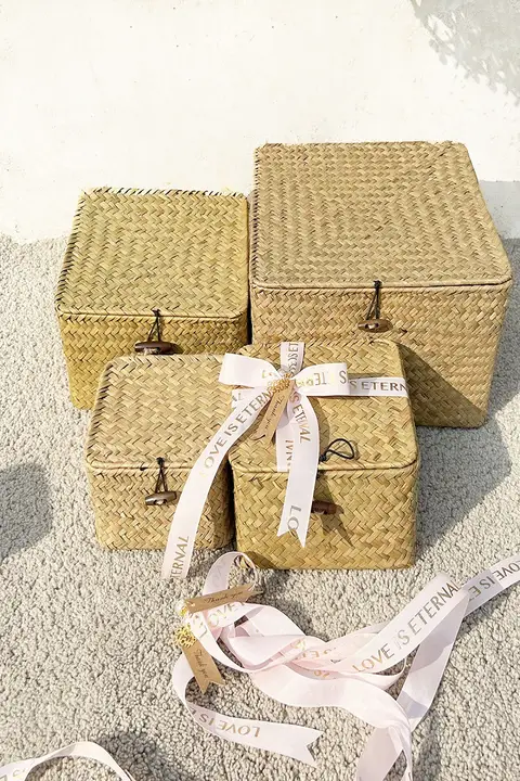 草編み 蓋付き収納箱【防塵・デスク整理用・ハンドメイド・ギフトボックス・小物入れ】