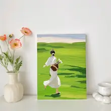 絵画 ウォールアート 卓上置き 天然木 油絵風 モダン シンプル 寝室 撮影背景 インスタ映え ピクニック 少女