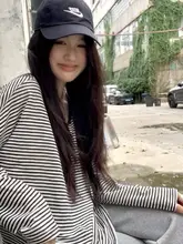 ストライプデザインの長袖Tシャツ【ゆったりシルエット・秋用・紫外線対策】