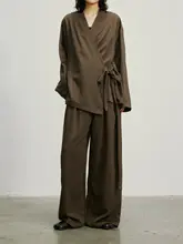 新中式デザインの交差リボン付き長袖シャツ【快適なドレープ感・ワイドパンツ】（セットアップ対応）