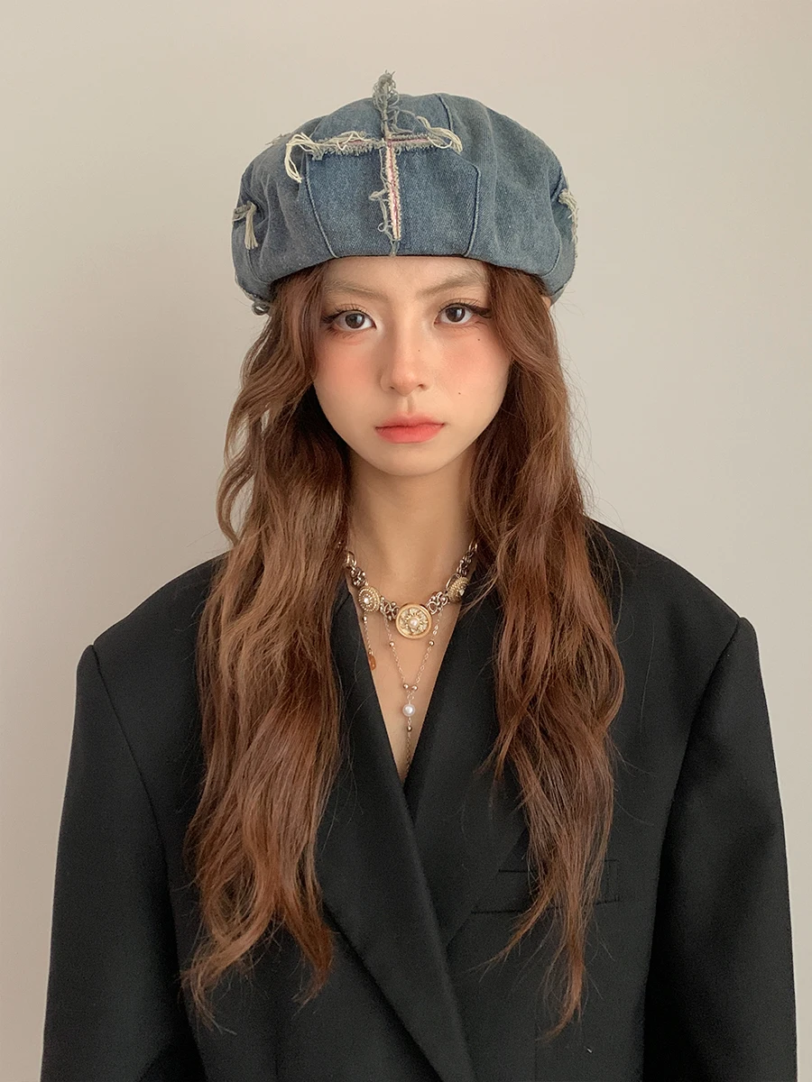 レトロウォッシュデニムベレー帽：フリンジデザインで小顔効果を実現する女性向けスタイル