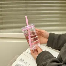 カラフルなストロー付きカップ【無地・持ち運び便利・プラスチック製】（セットアップ対応）
