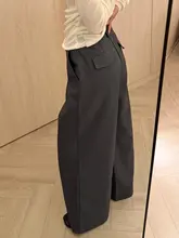 高級感のあるグレーのワイドレッグパンツ【ストレート・カジュアル・大きいサイズ 対応】（セットアップ対応）
