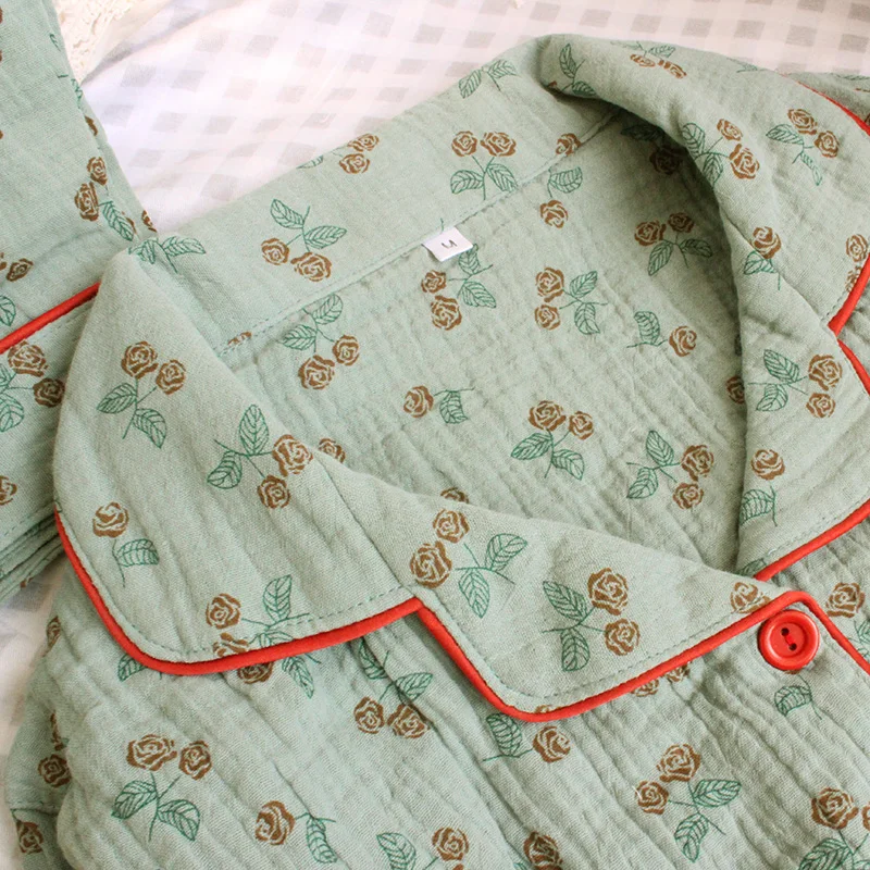 パジャマスーツ セット 春秋用 綿100% シフォン生地 長袖長ズボン ダブルレイヤー