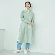 秋用 チェック柄コーデュロイシャツ【女性用・スタンドカラー・長袖・ウエストベルト付き】