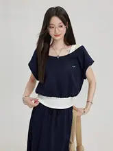 Tシャツ レディース 半袖 フェイクレイヤード ベスト パッチワーク デザイン性 個性的 おしゃれ 夏季